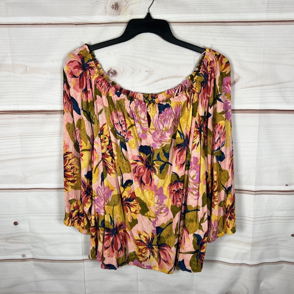 Terra & Sky Top Womens 3X Multicolor Floral Blouse Gauze Crinkle Elastic Neck